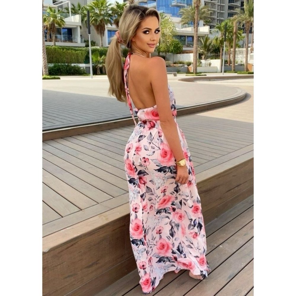 Pink Floral Print Sleeveless Halter Neck V-Neck Backless Front Slit Maxi Dress - Picture 4 of 8